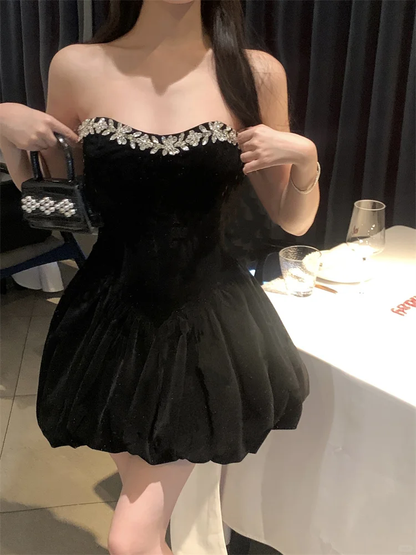 Stunning A Line Strapless Rhinestone Black Velvet Short Homecoming Dress Cocktail Dress DP2676