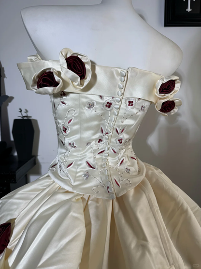Vintage A Line Off the Shoulder 3D Floral Satin Prom Dress Evening Dress DP6984