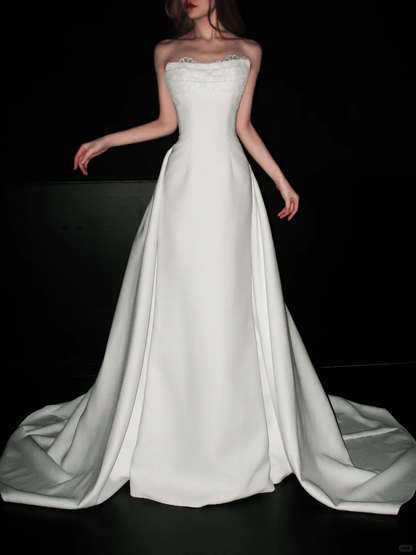 Simple A Line Strapless White Lace Satin Wedding Dress DP5305