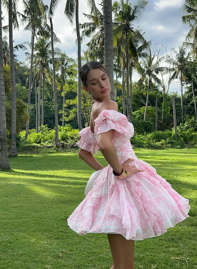 Sweety Pink A Line Off the Shoulder Print Chiffon Short Homecoming Dress Outfits DP5998