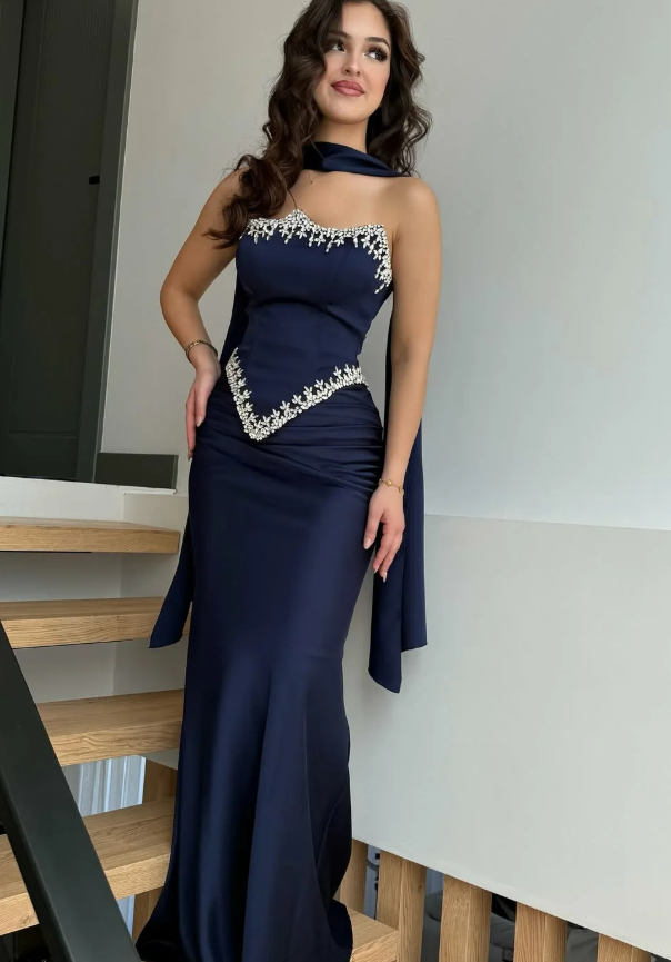 Navy Blue Sheath Strapless Exquisite Beaded Satin Prom Dress Evening Dress DP5028