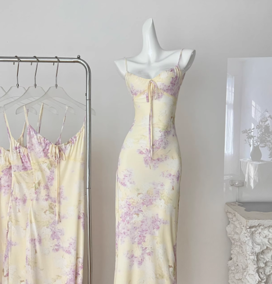 Gentle Sheath Spaghetti Straps Purple Floral Yellow Tulle Vacation Dress Prom Dress Outfits DP3550