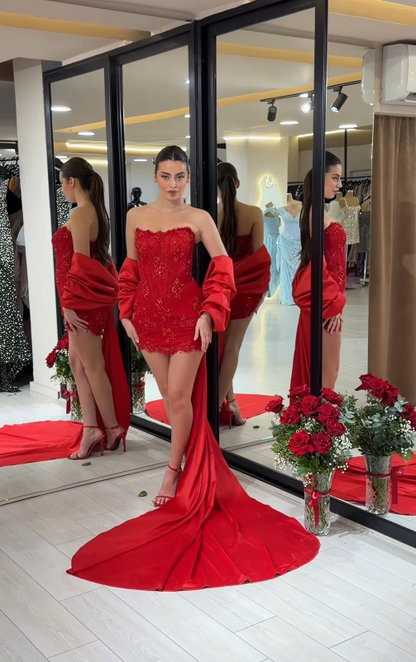 Sexy Red Bow Sheath Strapless Beaded Lace Short Prom Dress Birthday Party Dress DP4912