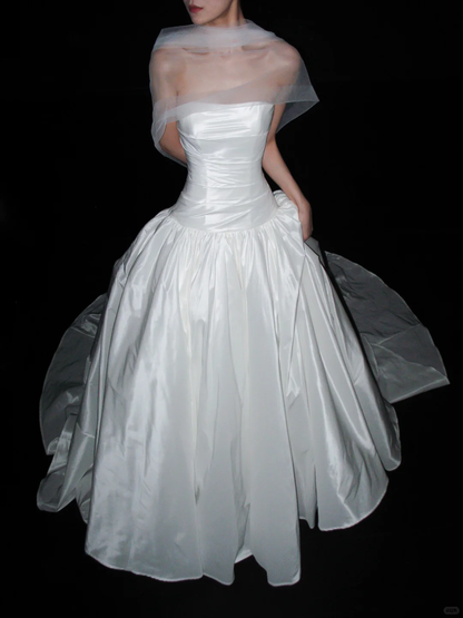 Pretty White Ball Gown Strapless Pleated Satin Long Train Wedding Dress DP8096