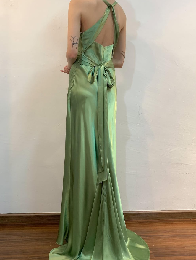 Vintage Sheath Halter Green Satin Open Back Prom Dress Evening Dress with Bow DP1604