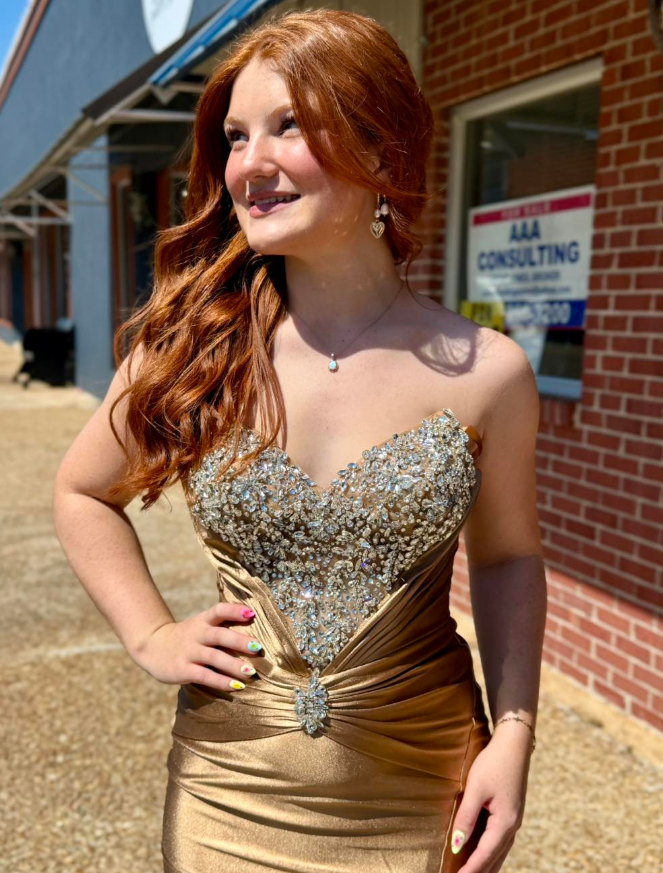 Gold Mermaid Strapless Beaded Satin Slit Prom Dress Party Evening Dress DP6299