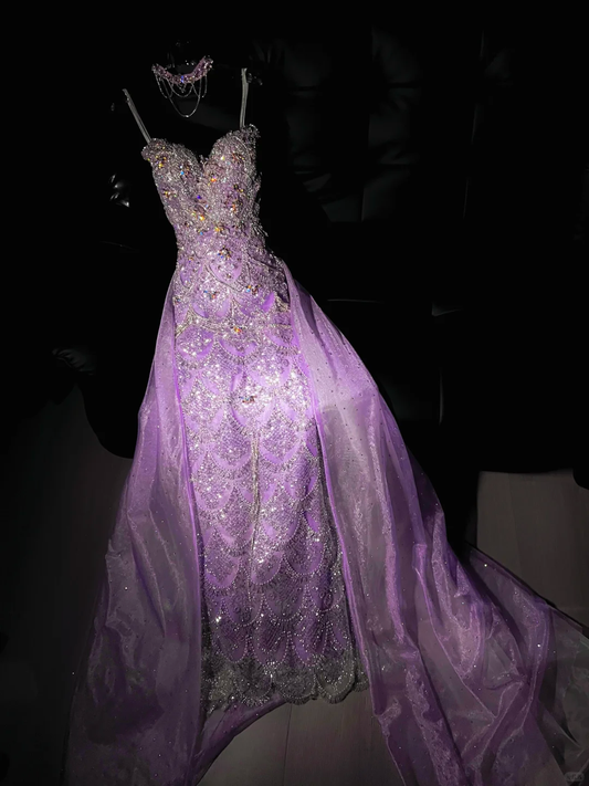 Purple A Line Sweetheart Neck Beaded Sequin Tulle Prom Dress Evening Dress DP2828