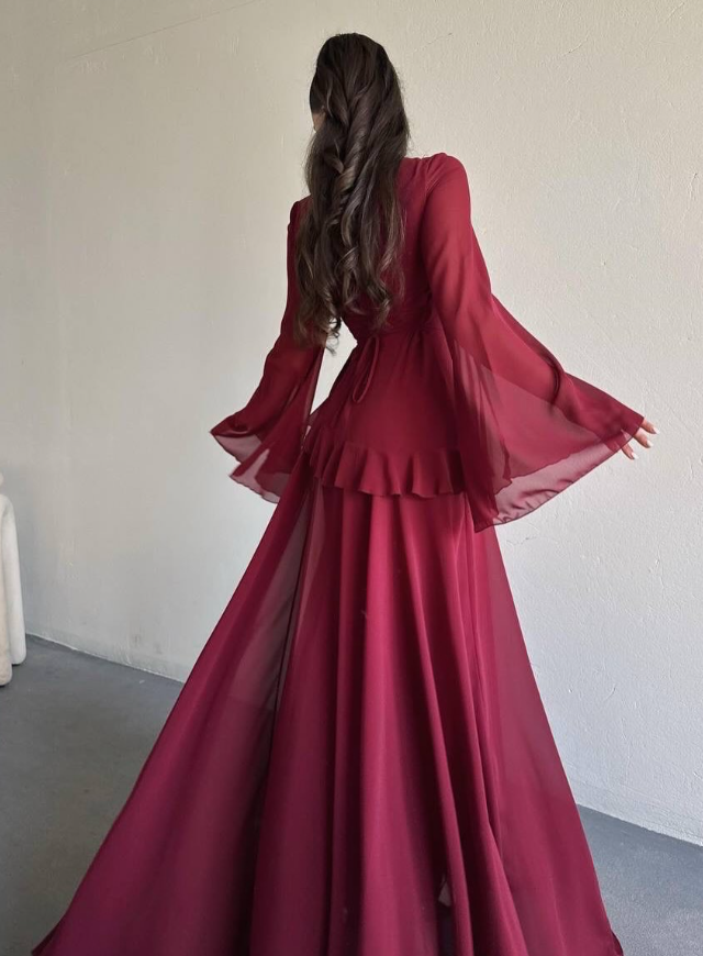 Baby Blue A Line Long Sleeve Flowy Chiffon Prom Dress Evening Dress DP5262