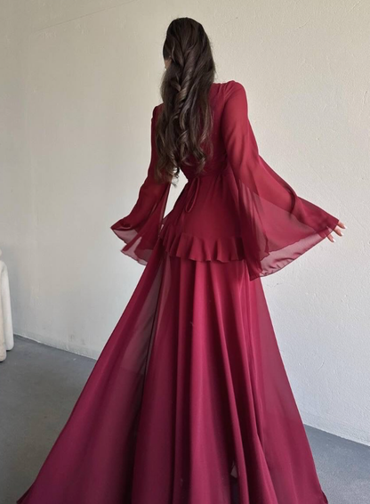 Baby Blue A Line Long Sleeve Flowy Chiffon Prom Dress Evening Dress DP5262