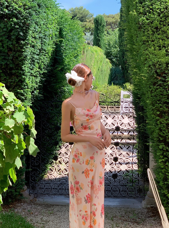 Pretty Sheath Spaghetti Pink Print Floral Satin Prom Dress Party Dress Outfit DP3531