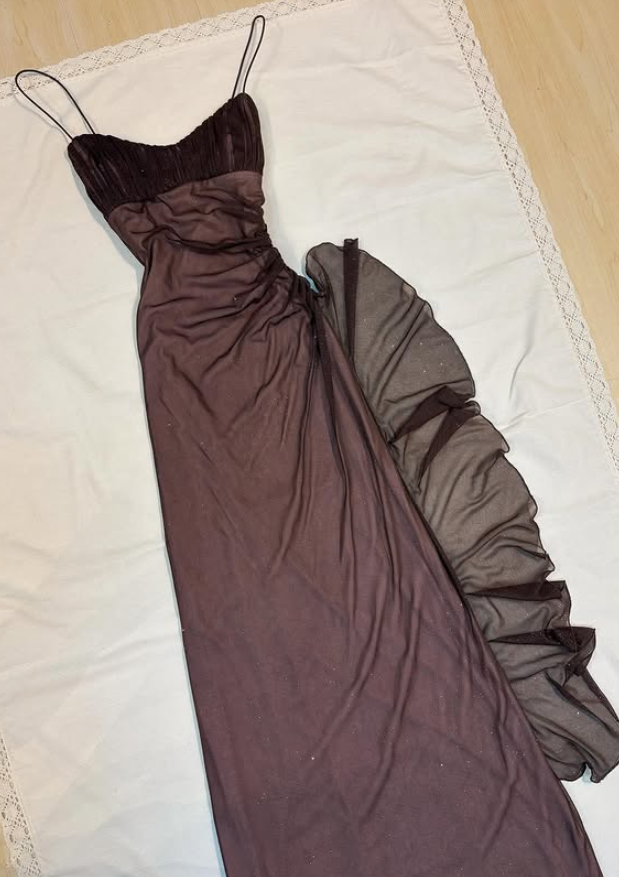 Vintage Brown Sheath Straps Ruffle Chiffon Prom Dress Evening Dress Date Dress DP5272