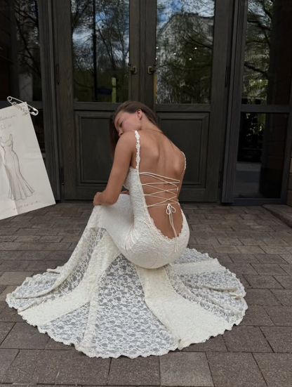 Romantic Mermaid Spaghetti Strap Ivory Lace Prom Dress Evening Dress DP7821