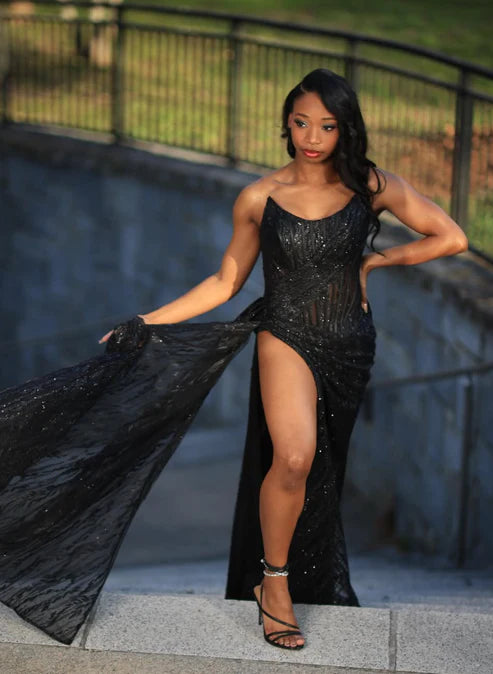 Sexy Black A Line Strapless Sequin Slit Long Prom Dress Evening Dress Date Dress DP3053