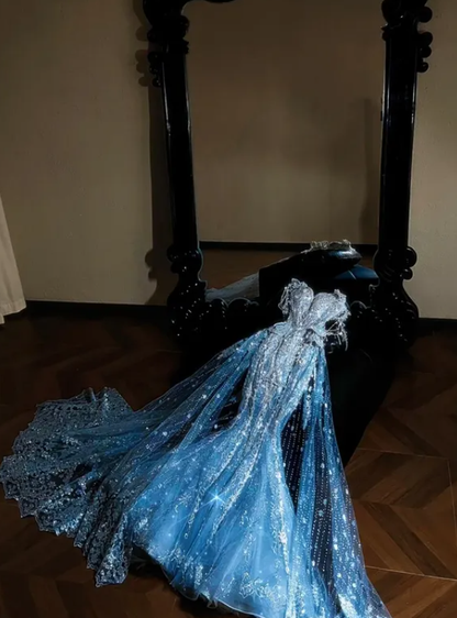 Dreamy Blue Mermaid Sweetheart Neck Exquisite Rhinestone Sequin Tulle Long Prom Dress DP4638