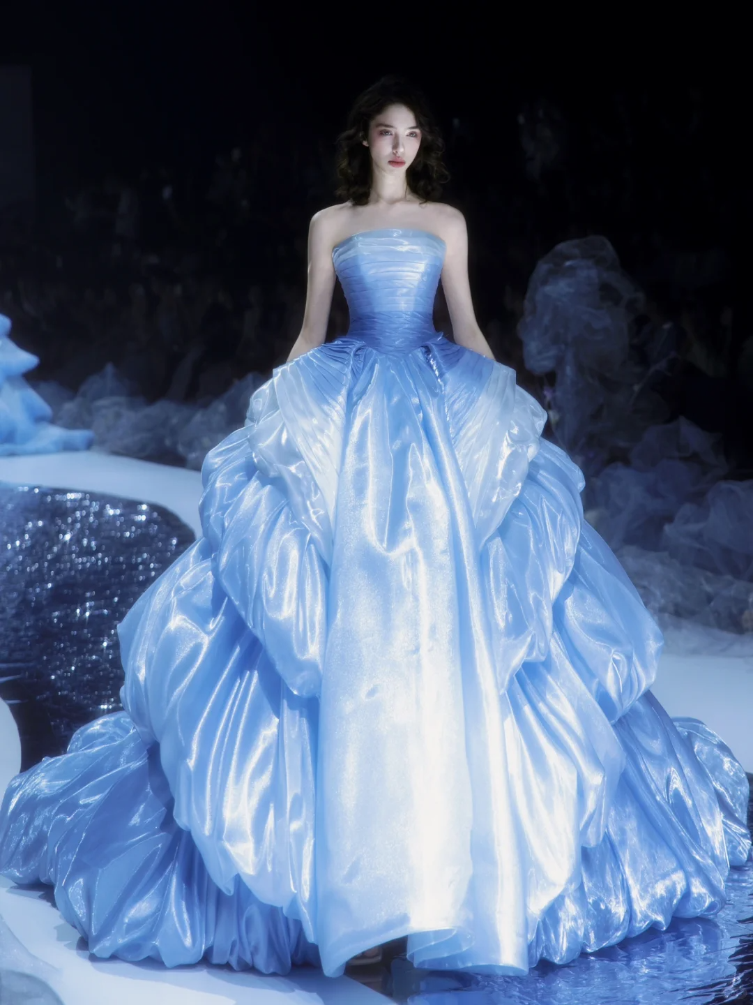 Stunning Blue Ball Gown Strapless Pleated Layered Satin Long Prom Dress DP2836
