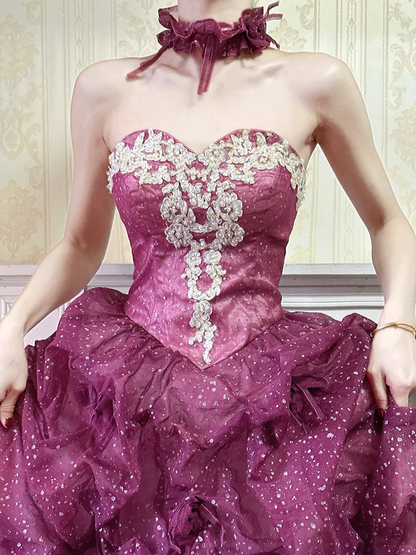 Vintage Purple Sequin Layered Tulle Lace Appliques Prom Dress Party Evening Dress DP5350