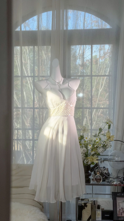 Gentle Vintage White Simple Beaded Chiffon Short Prom Dress Homecoming Dress DP4948