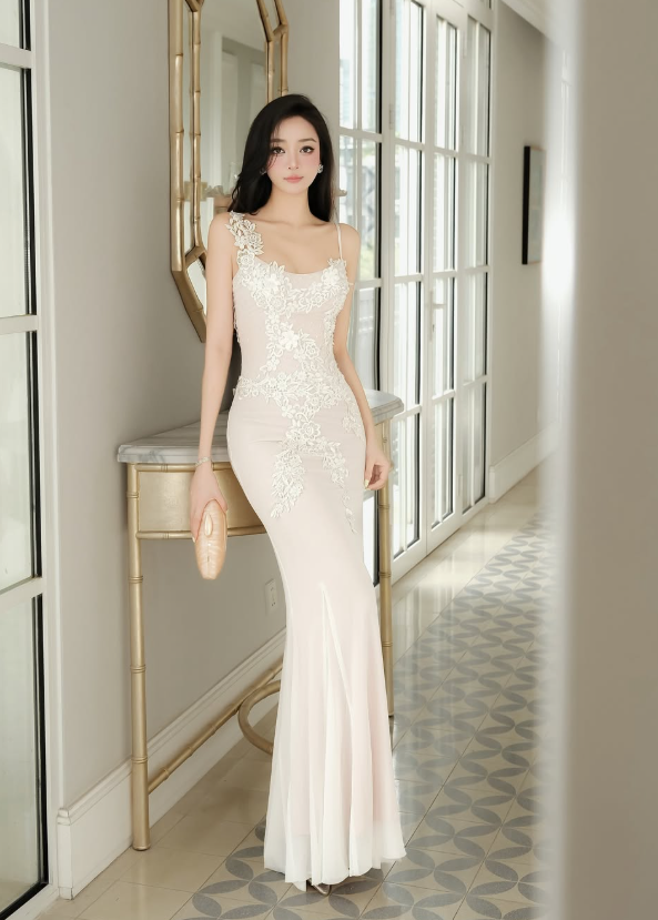 Beige Sheath Spaghetti Straps Lace Appliques Chiffon Prom Dress Evening Dress DP5926