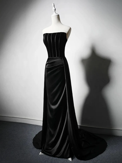 Black Strapless Velvet Satin Long Prom Dress Formal Bridesmaid Dress DP415