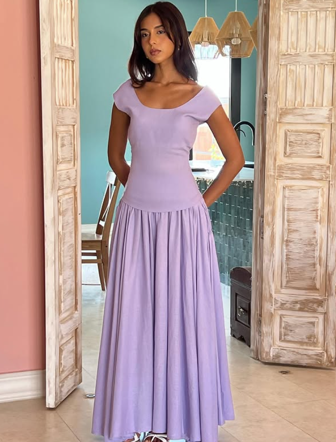 Simple Lilac A Line Round Neck Satin Long Prom Dress Party Dress DP4131