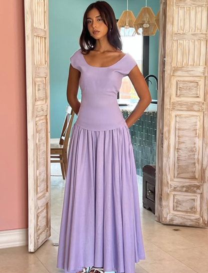 Simple Lilac A Line Round Neck Satin Long Prom Dress Party Dress DP4131