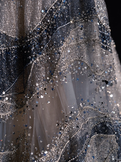 Gorgeous A Line Round Sequin Beaded Grey Tulle Long Prom Dress Party Dress DP2516