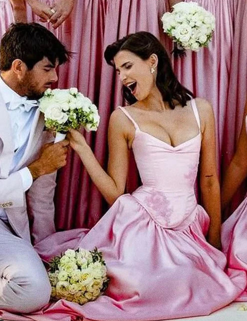 Pink A Line Spaghetti Straps Appliques Satin Long Prom Dress Evening Dress Date Dress DP2942