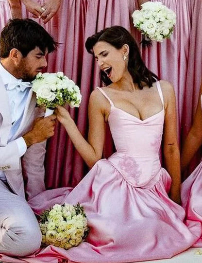 Pink A Line Spaghetti Straps Appliques Satin Long Prom Dress Evening Dress Date Dress DP2942