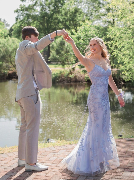 Elegant Mermaid Spaghetti Straps Appliques Tulle Long Prom Dress Evening Dress DP1559