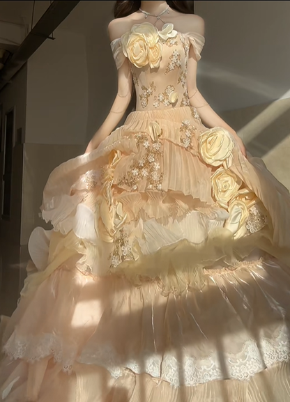 Cute Yellow Rose Ball Gown Off the Shoulder Beaded Satin Prom Dress 16th Birthday Dress DP4591