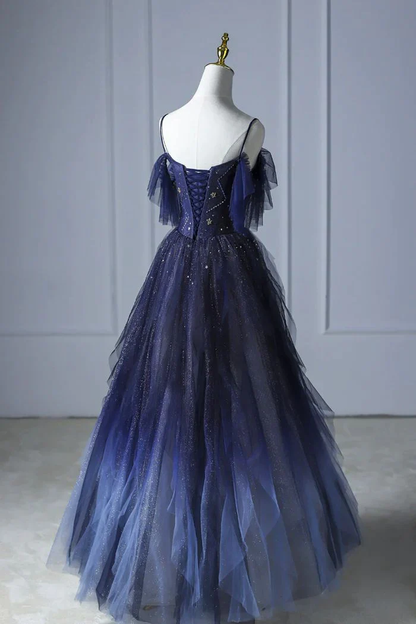 Beautiful Navy Blue Gradient Tulle Long Prom Dress Evening Dress DP205