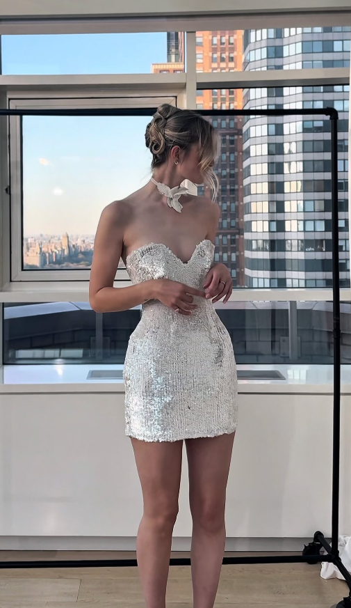 Shiny Silver Sequin Sheath Sweetheart Neck Short Prom Dress Homecoming Dress DP6529