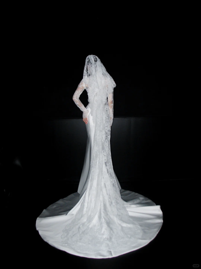 Classic Mermaid Long Sleeve White Lace Satin Long Wedding Dress DP5792