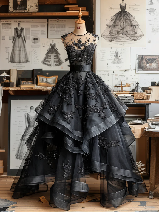 Black Ball Gown Round Neck Beaded Layered Organza Long Prom Dress Evening Dress Formal Gown DP3436