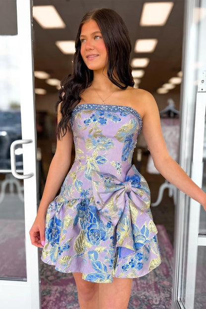 Lavender Blue Floral Brocade Strapless Homecoming Dress with Bow Detail DP7313