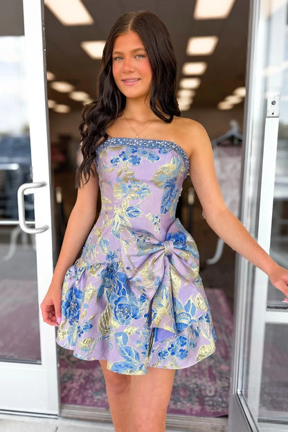 Lavender Blue Floral Brocade Strapless Homecoming Dress with Bow Detail DP7313
