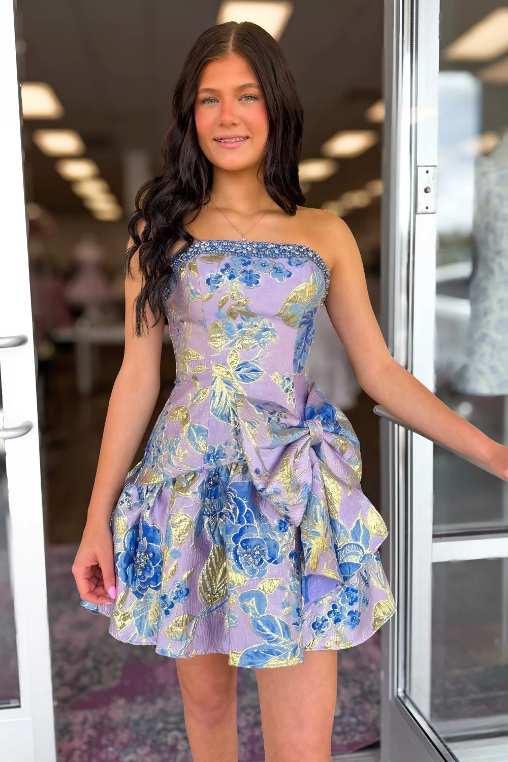 Lavender Blue Floral Brocade Strapless Homecoming Dress with Bow Detail DP7313
