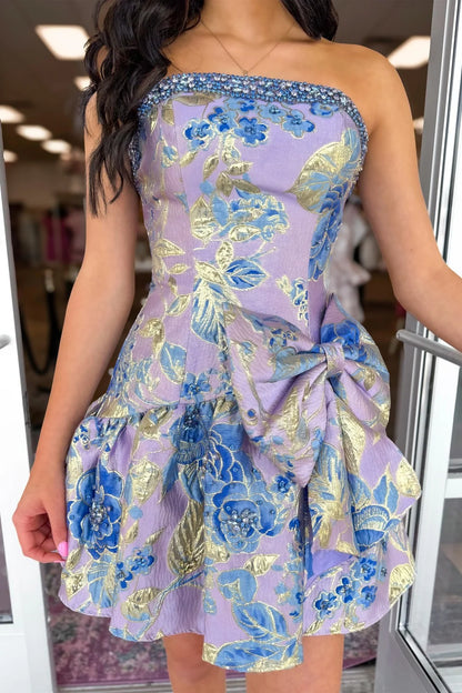 Lavender Blue Floral Brocade Strapless Homecoming Dress with Bow Detail DP7313