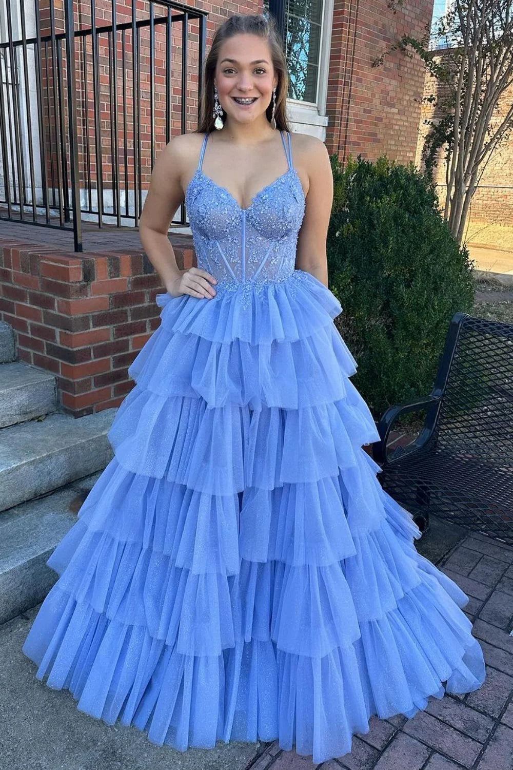 Dreamy Blue A-Line Spaghetti Straps Lace Up Long Tiered Tulle Prom Dress DP7741