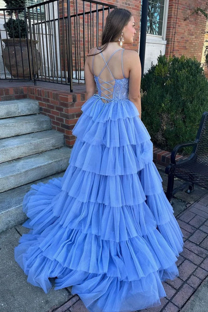 Dreamy Blue A-Line Spaghetti Straps Lace Up Long Tiered Tulle Prom Dress DP7741