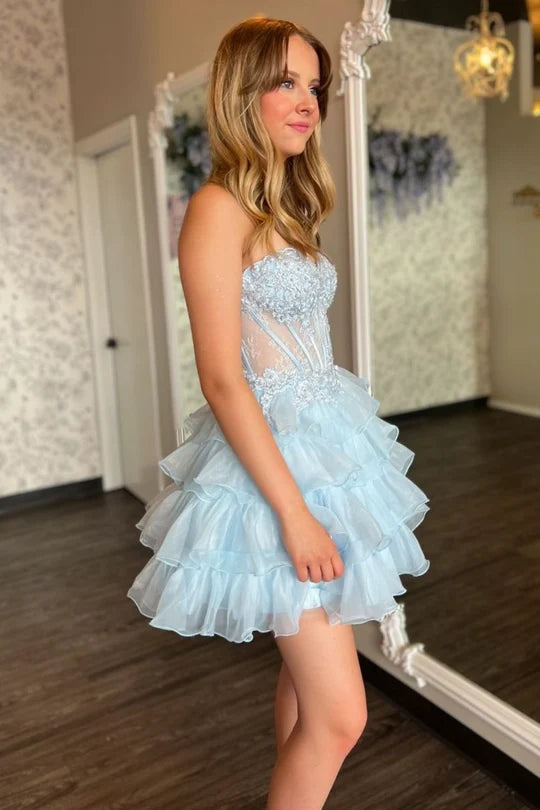 Light Blue A-Line Sweetheart Lace Up Short Tiered Tulle Homecoming Dress DP7218