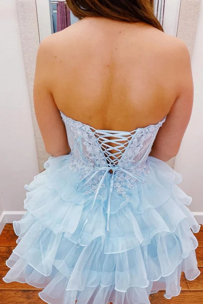 Light Blue A-Line Sweetheart Lace Up Short Tiered Tulle Homecoming Dress DP7218