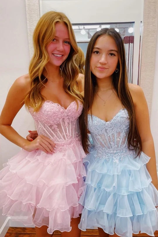 Light Blue A-Line Sweetheart Lace Up Short Tiered Tulle Homecoming Dress DP7218