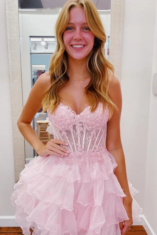 Light Pink A-Line Sweetheart Lace Up Short Tiered Tulle Homecoming Dress DP7219