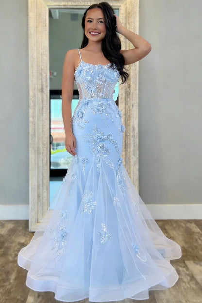 Chic Mermaid Spaghetti Straps Baby Blue Mermaid Prom Dress with Tulle Train DP7447