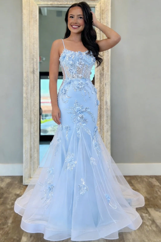 Chic Mermaid Spaghetti Straps Baby Blue Mermaid Prom Dress with Tulle Train DP7447