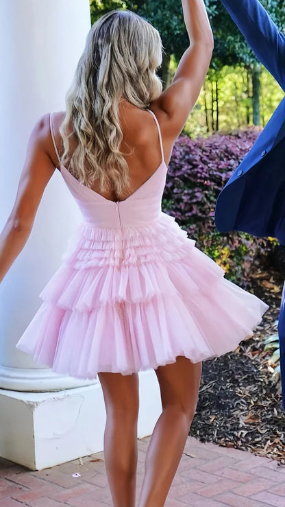 Light Pink Spaghetti Straps Tiered Tulle Homecoming Dress Mini Party Gown DP963