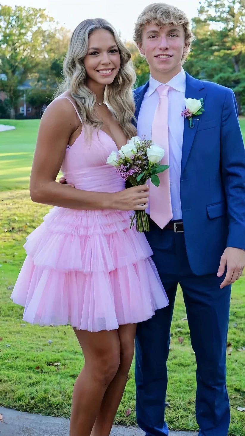 Light Pink Spaghetti Straps Tiered Tulle Homecoming Dress Mini Party Gown DP963