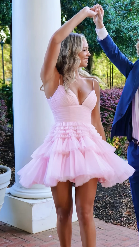 Light Pink Spaghetti Straps Tiered Tulle Homecoming Dress Mini Party Gown DP963