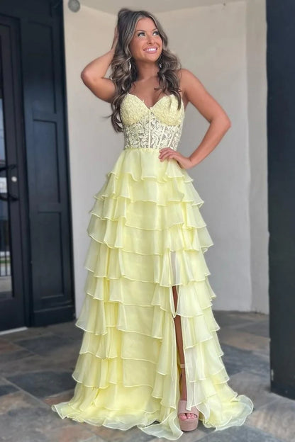 Elegant A Line Sweetheart Neck Appliques Light Blue Chiffon Prom Dress Evening Dress with Slit DP2056
